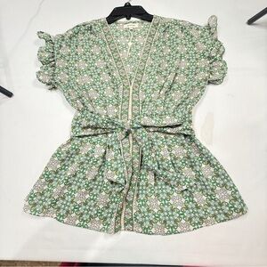 Max Studio Green and White Flutter Sleeve Blouse Size S